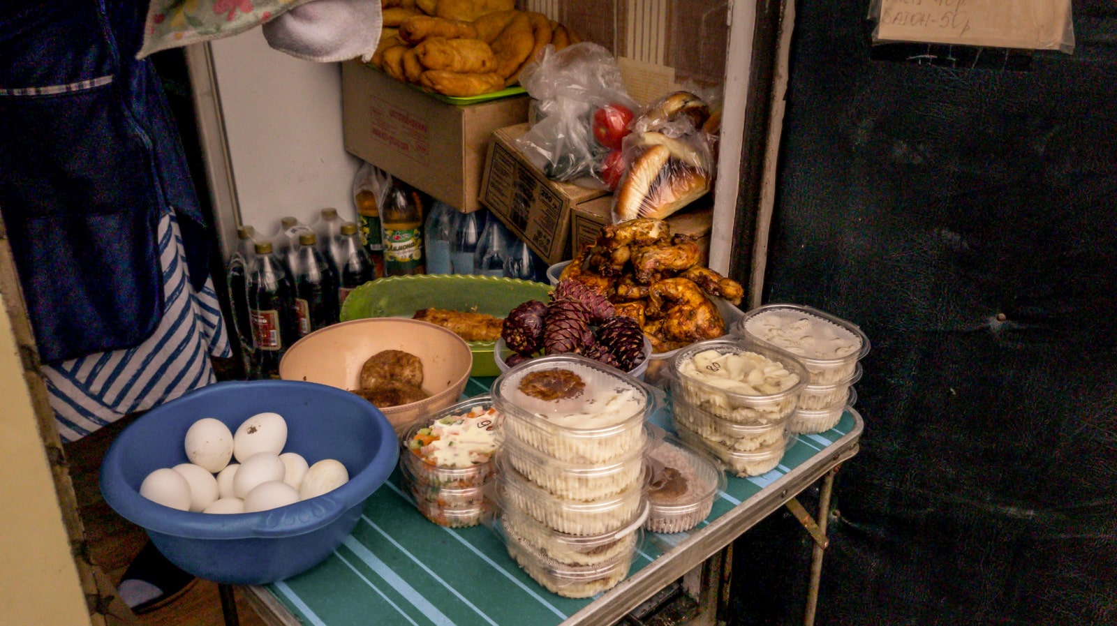 Pine cones and other snacks for sale at a Russian train station