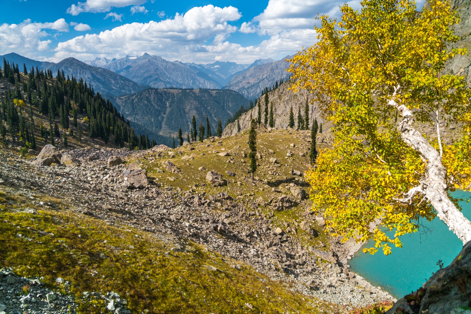 View of Spin Khwar lake while trekking near Kalam, Swat Valley, Khyber Pakhtunkhwa, Pakistan