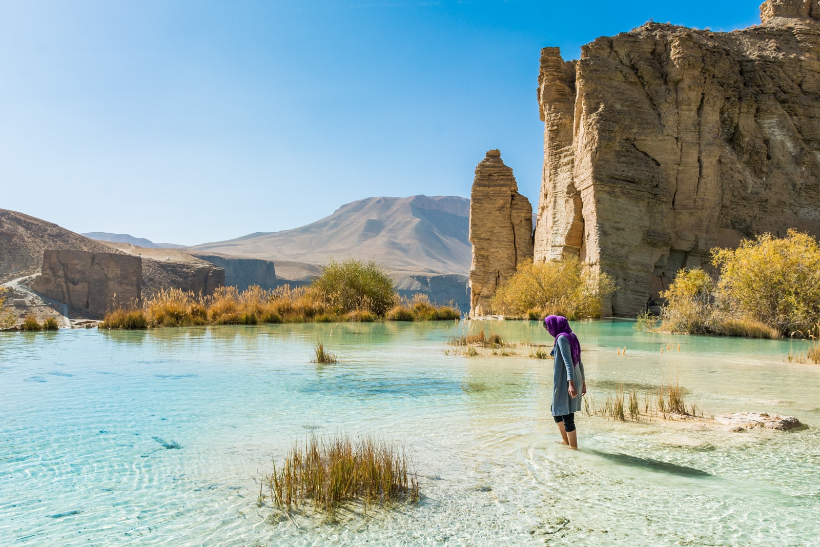 Foreign female traveler in Band-e-Amir, Afghanistan