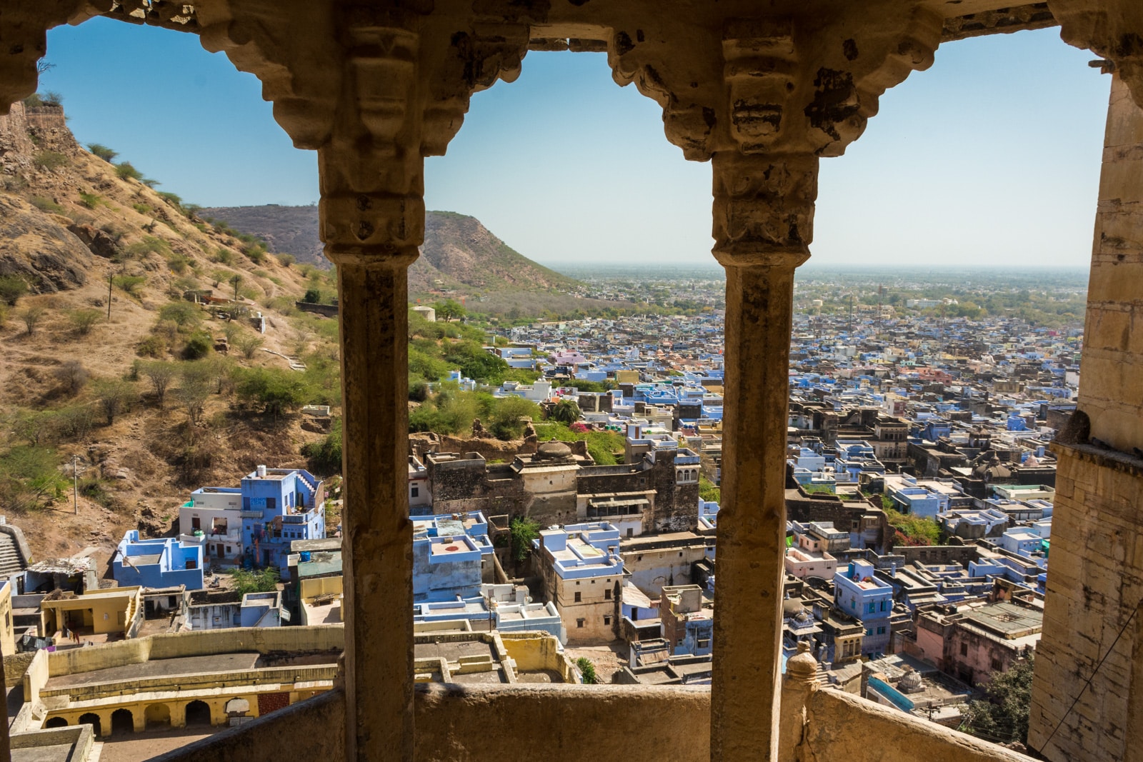 View of blue houses from the palace in Bundi, Rajasthan, India