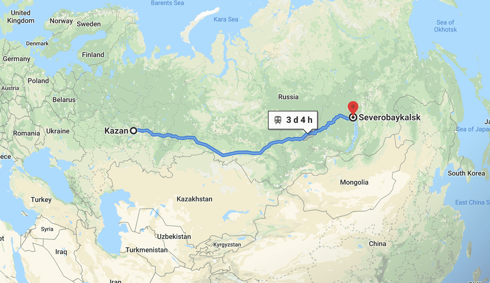 Map of train from Kazan to Severobaikalsk, Russia