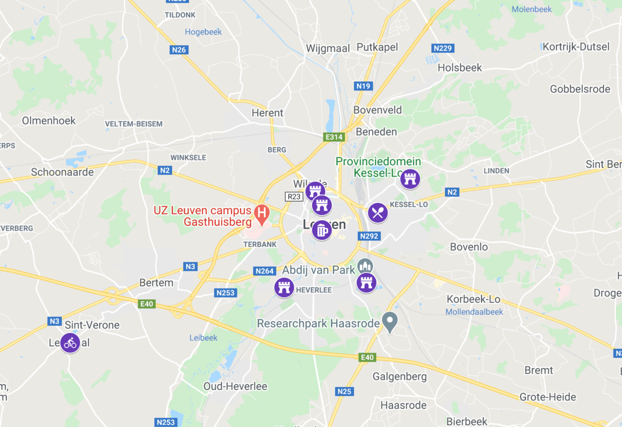 Screenshot of a Google Map of things to do in Leuven, Belgium