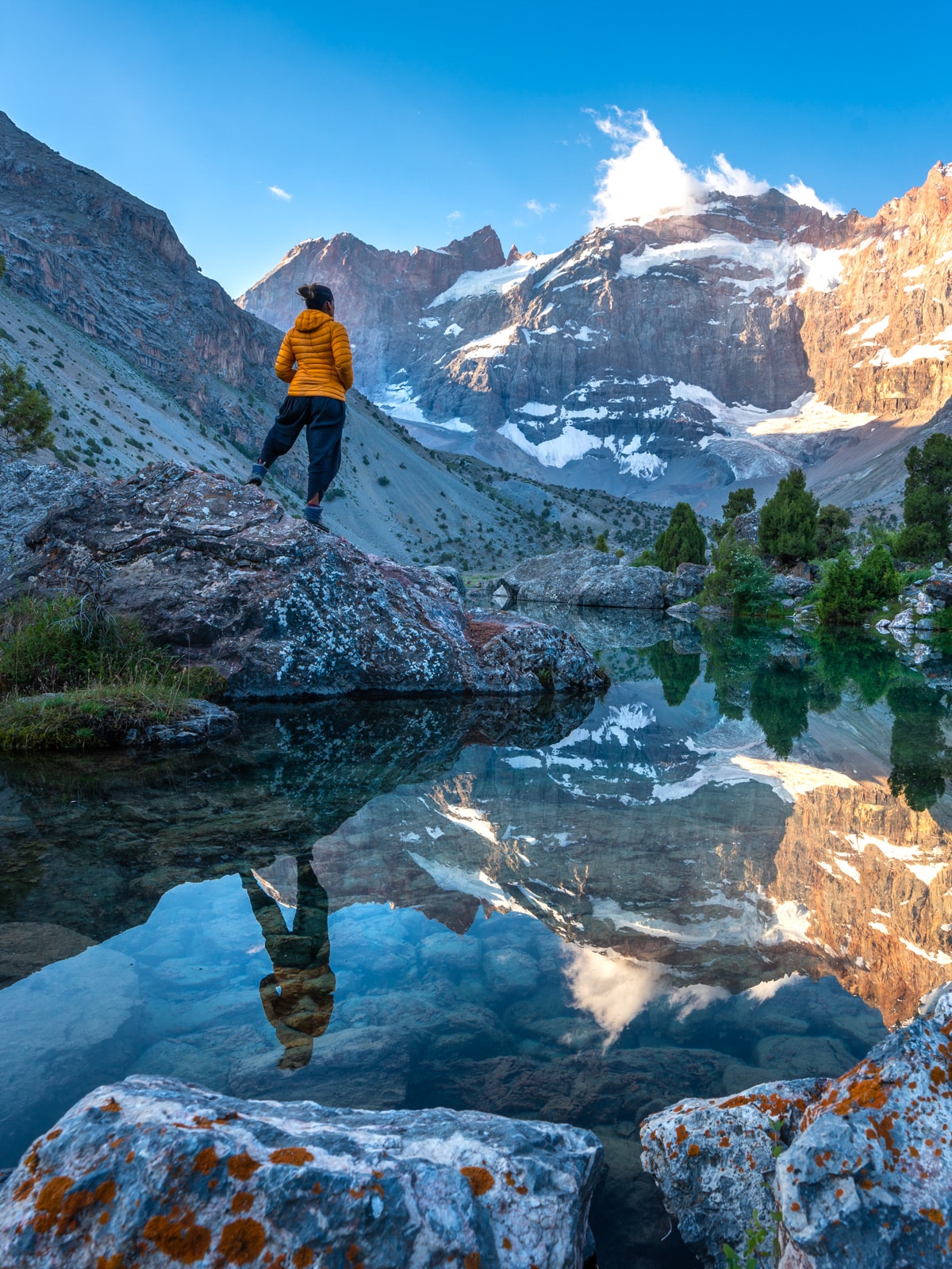 Alex posing at an alpine lake in Tajikistan's Fann Mountains