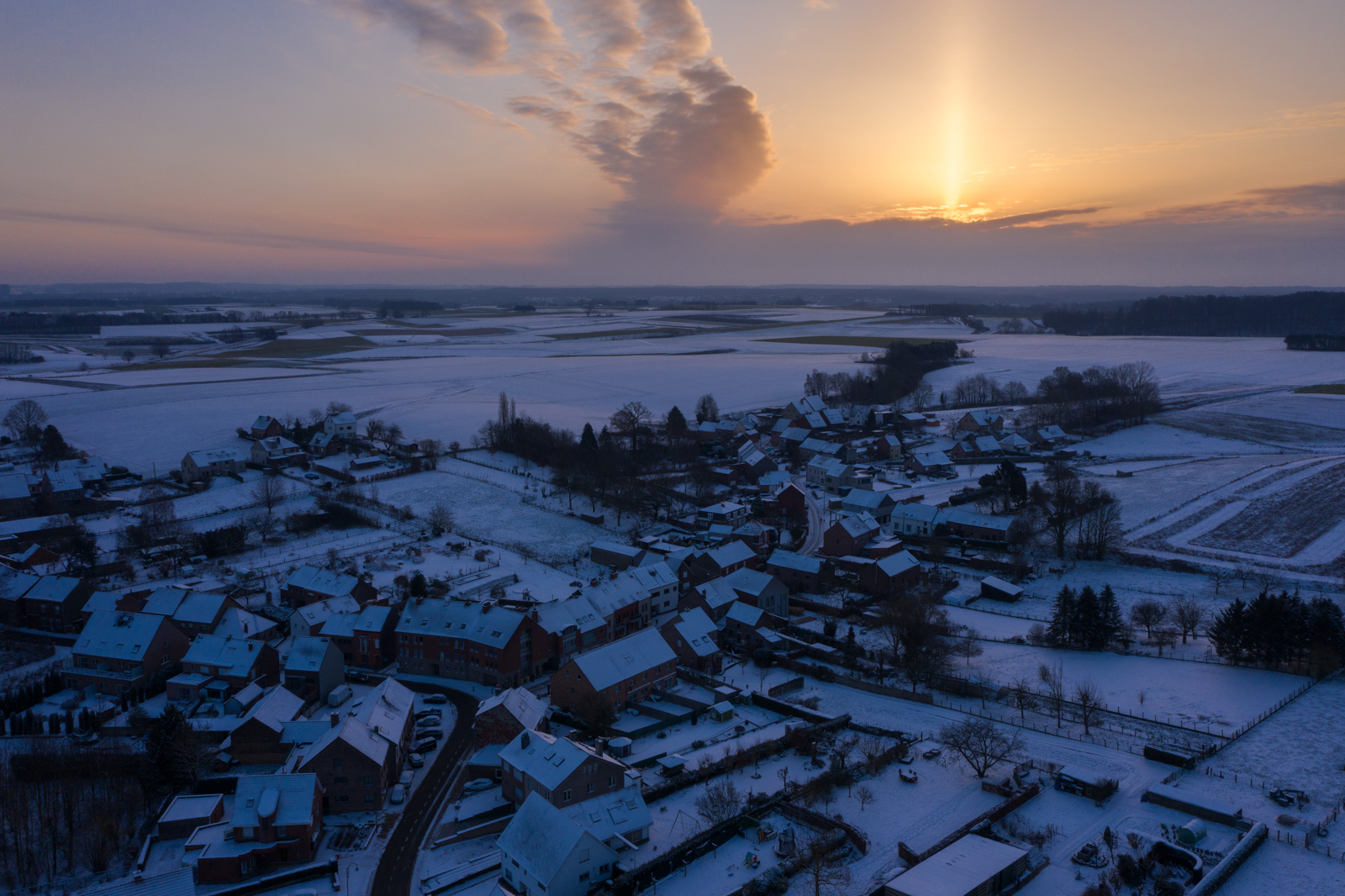 Snowy sunrise over Leefdaal, Belgium