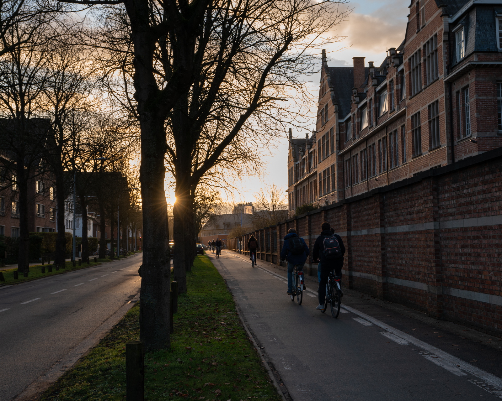 People riding bicycles around Leuven at sunset