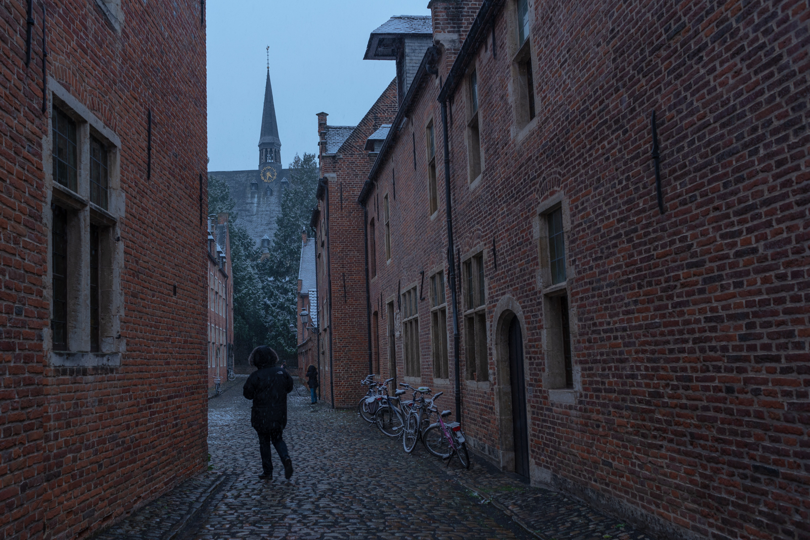 Person walking in a black jacket on a gray snowy day in the Begijnhof of Leuven, Belgium