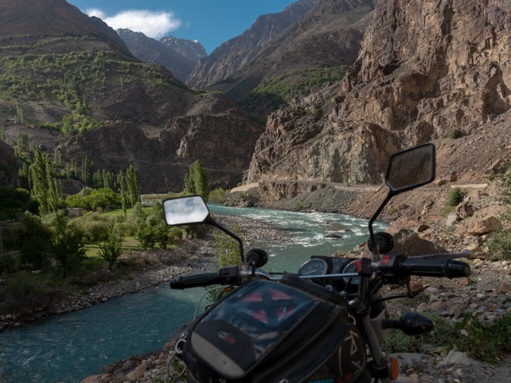 Suzuki GS 150 on the Ghizer district road between Shandur Pass and Gilgit city in Pakistan