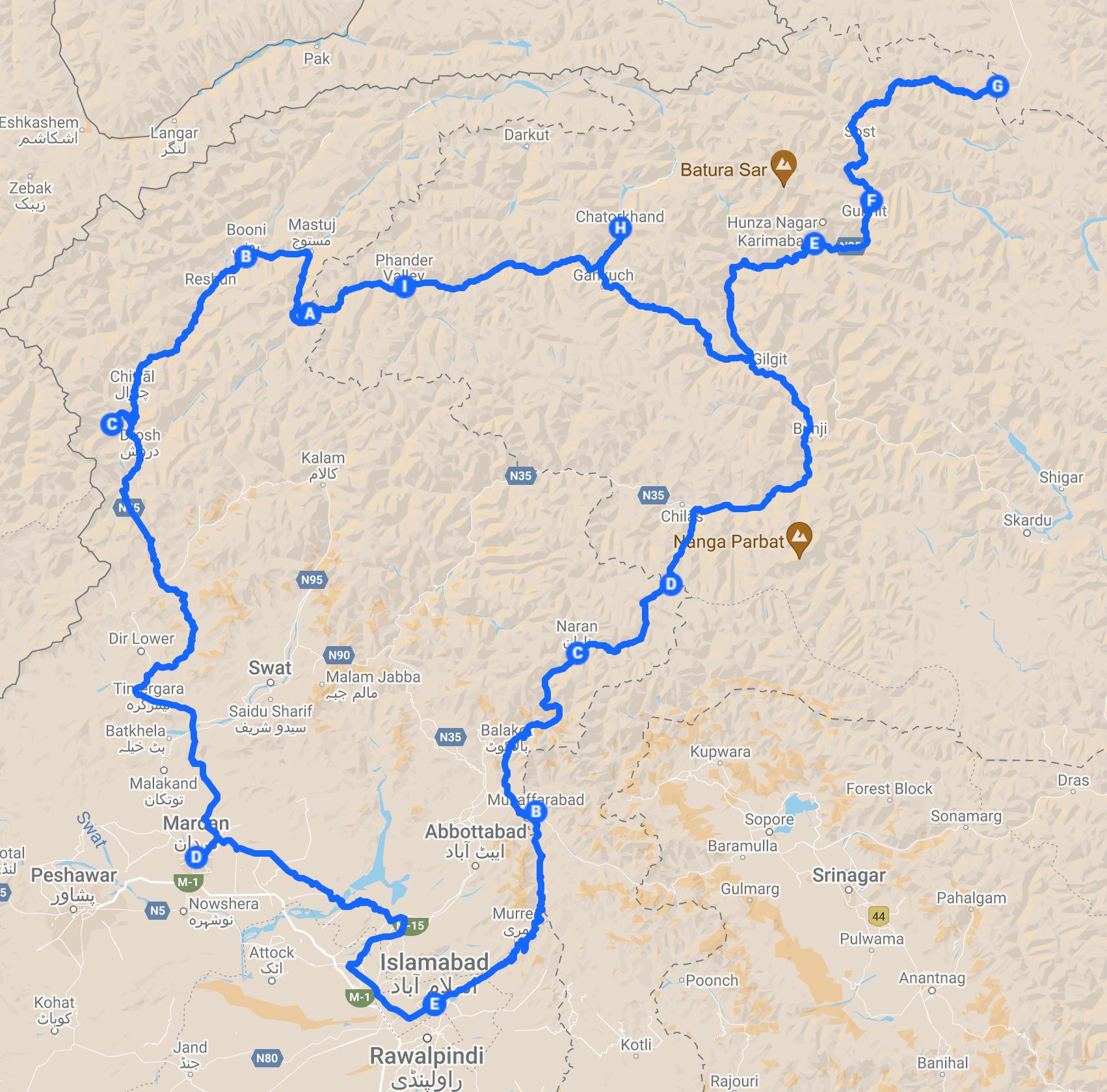 Itinerary map for a 2 week Pakistan adventure motorcycle tour