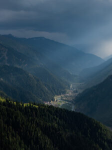 Sun beams over the road through Naran, Pakistan