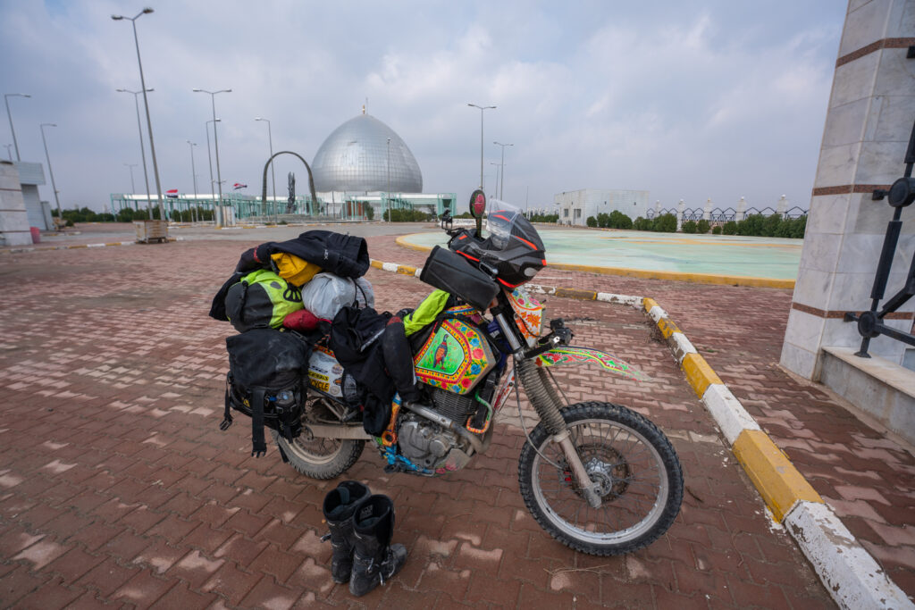 Motorcycle parked inside the Martyr's Monument in Chibayish, near the Mesopotamian Marshes in Iraq