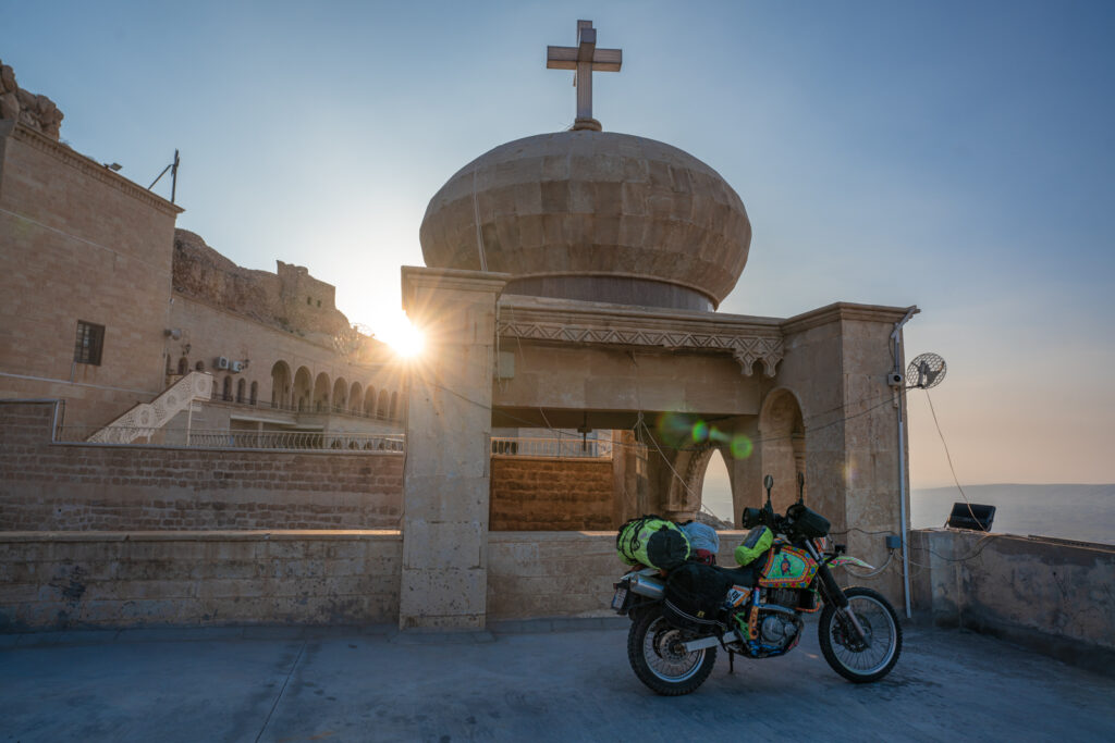 Motorcycle parked at the Christian Mar Mattei monastery in Iraq