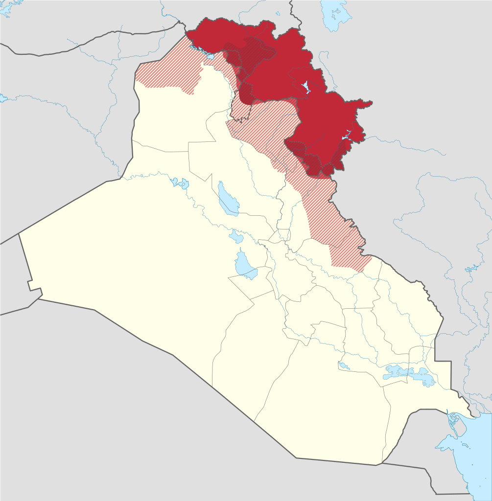 A map showing the division of Iraq and Iraqi Kurdistan. Red in the north marks the smaller territory of Iraqi Kurdistan.