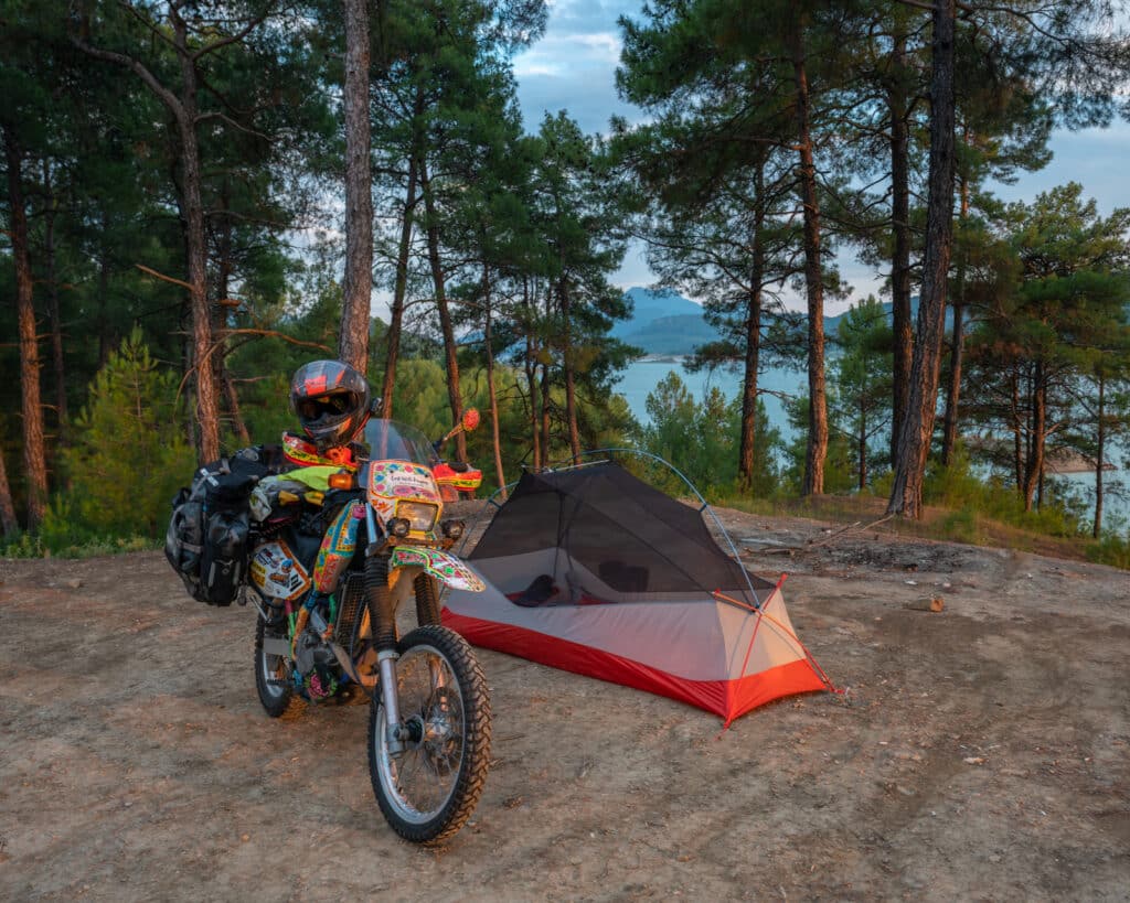 Motorcycle camping in Turkey at a lake near Antalya