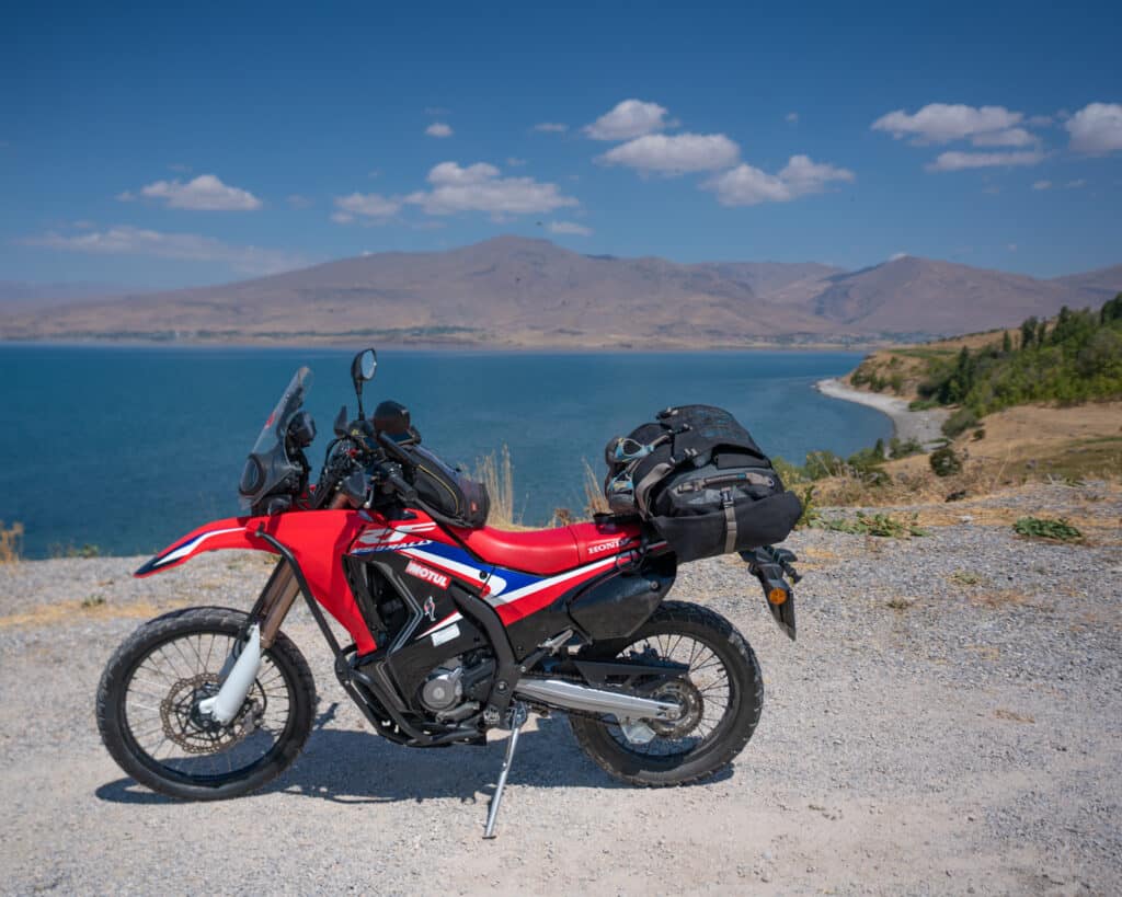Rental motorcycle by Lake Van in Turkey