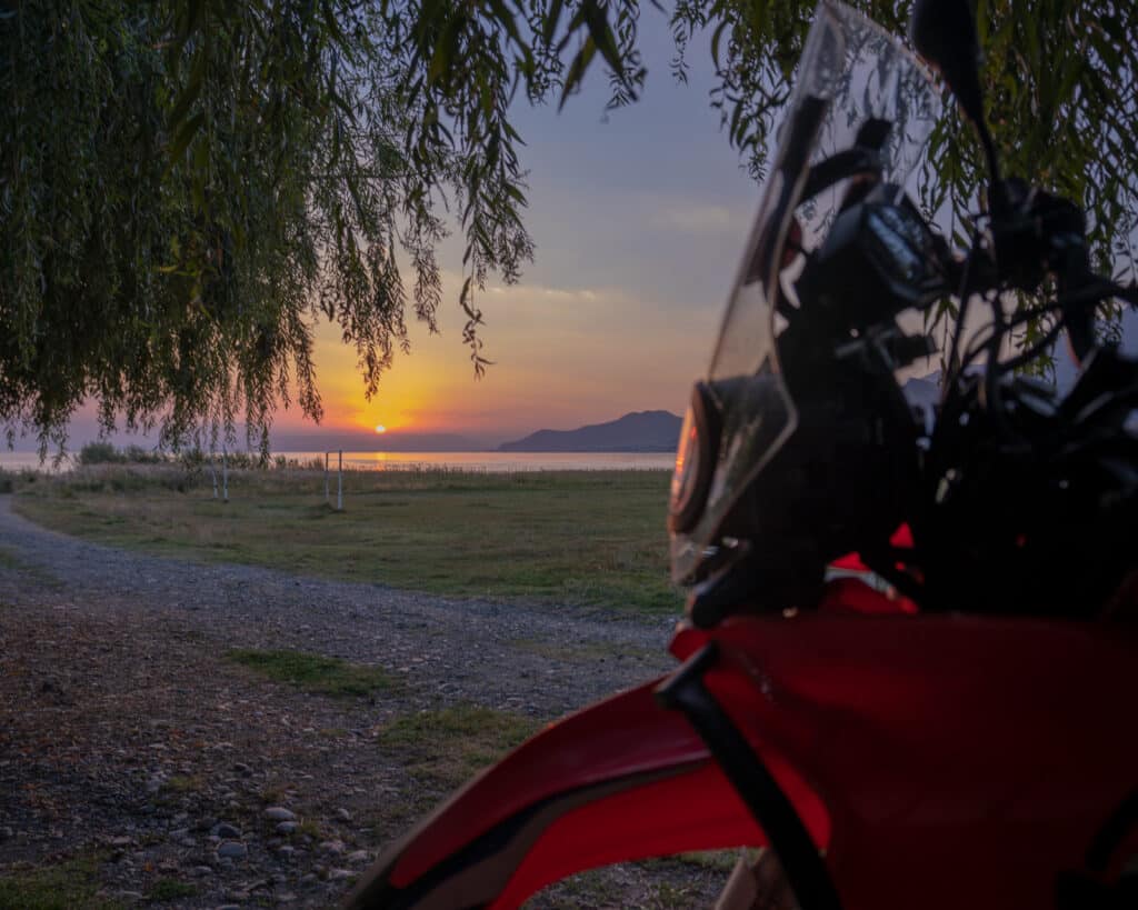 Motorcycle at a campsite in Lake Van, Turkey