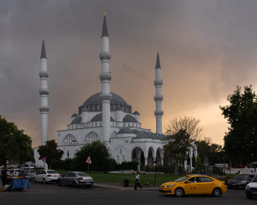 Sunset over a mosque in Ankara, Turkey