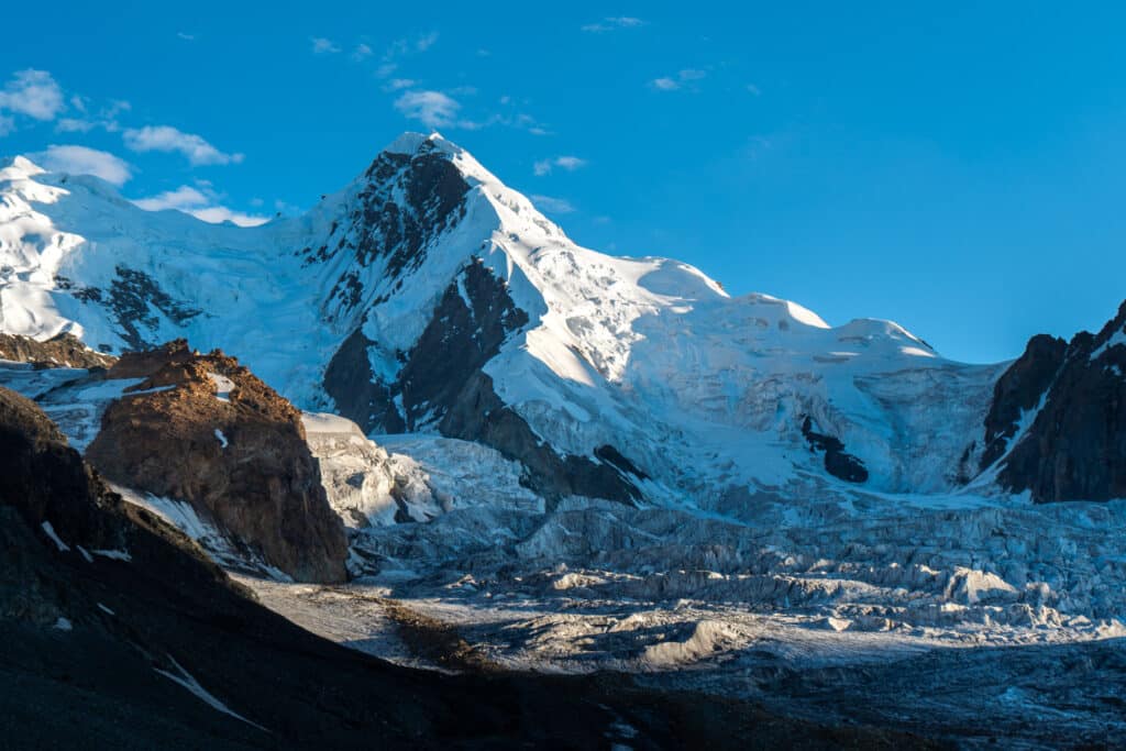 Glaciers and a snowy peak on the Pakora Pass trek from Naltar to Ishkoman Valley, Pakistan